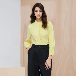 【HONOR 山形屋】簡約小圓領花邊長袖襯衫-白/黃(MOMO獨家限定)