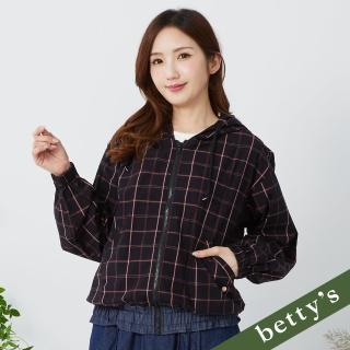 【betty’s 貝蒂思】方格拼接牛仔下擺抽皺連帽薄外套(黑色)