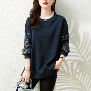 【LANNI 藍尼】★蕾絲領口刺繡長袖上衣(上衣/女裝/T恤/休閒/百搭)