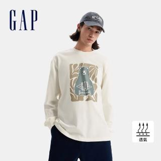 【GAP】男裝 Logo純棉印花圓領長袖上衣-白色(678448)