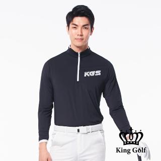 【KING GOLF】網路限定款-男款素面薄款異色拉鍊長袖立領POLO衫(黑色)