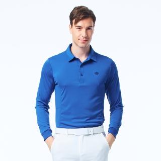 【KING GOLF】網路限定款-男款素面薄款立體剪裁刺繡長袖POLO衫(寶藍)