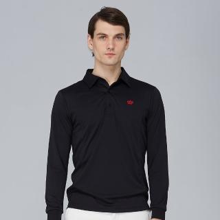 【KING GOLF】網路限定款-男款素面薄款立體剪裁刺繡長袖POLO衫(黑色)