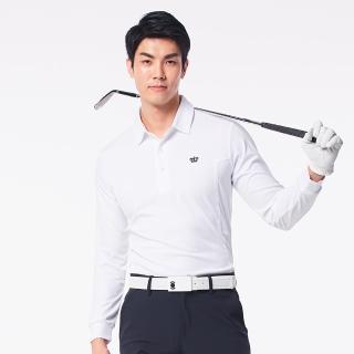 【KING GOLF】網路限定款-男款素面薄款立體剪裁刺繡長袖POLO衫(白色)