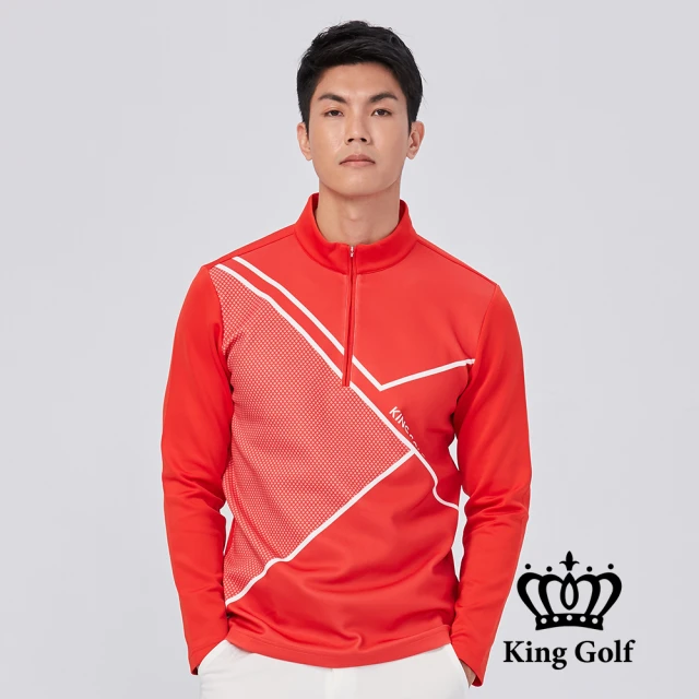 KING GOLF 網路限定款-男款菱形印圖小立領拉鍊厚款長袖POLO衫(紅色)