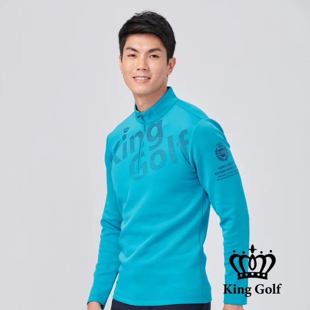 KING GOLF 網路限定款-男款大LOGO印圖小立領拉鍊厚款長袖POLO衫(綠色)