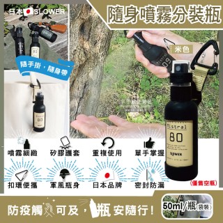 【日本SLOWER】戶外防疫密封防漏噴霧隨身瓶-米色50ml/瓶(矽膠護套附扣環 可分裝酒精 乾洗手)