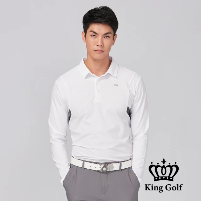 KING GOLF 網路限定款-男款皇冠印花腋下拼接撞色薄款長袖POLO衫(白色)