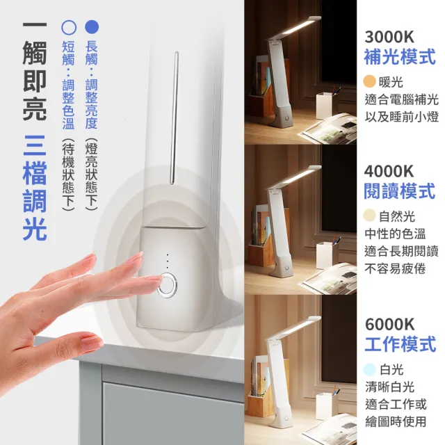 【JHS】可折疊 觸控鈕 三檔光 LED護眼檯燈 充電款(護眼檯燈 LED檯燈 閱讀燈 充電護眼檯燈)