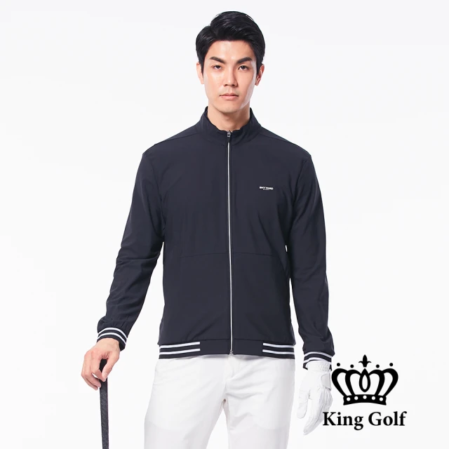 KING GOLF 網路限定款-男款LOGO印圖防風防水連帽長袖夾克外套(黑色)