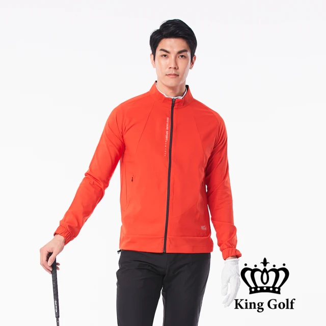 KING GOLF 網路限定款-男款口袋邊KG印圖防風防水拉鍊輕薄長袖夾克外套(紅色)