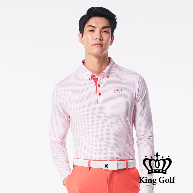 KING GOLF 網路限定款-男款點點滿版印花LOGO印花薄款長袖POLO衫(紅色)