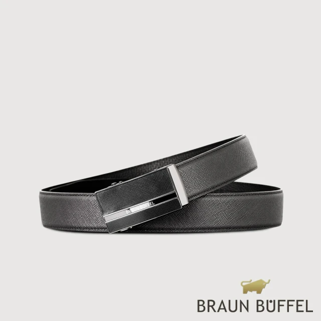 BRAUN BUFFEL 德國小金牛 台灣總代理 商務型男 十字壓紋自動扣皮帶-鎗色(BF24S-WEG207-SGU)