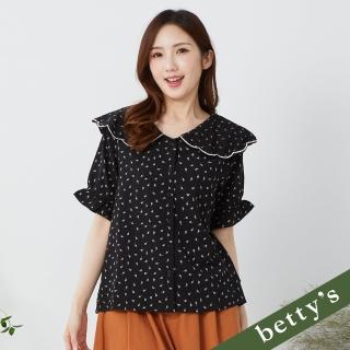 【betty’s 貝蒂思】小葉子印花雲朵邊翻領短袖襯衫(黑色)