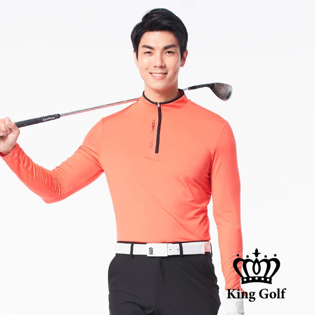 KING GOLF 網路限定款-男款拉鍊撞色印圖素面小立領拉鍊長袖POLO衫(橘紅)