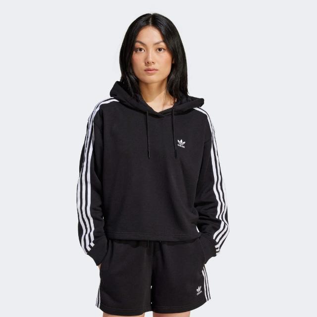 【adidas 愛迪達】3S SHORT HOODIE 黑 上衣 女款 長袖上衣 帽T 運動 三葉草 亞規(IU2424)