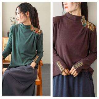 【AKARA】文藝刺繡錦簇民俗圖騰高領上衣 4色(秋冬 3XL可 絨毛 毛衣 上衣 中大尺碼)