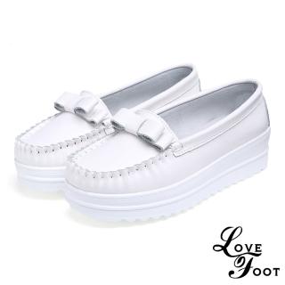 【LOVE FOOT 樂芙】真皮樂福鞋 厚底樂福鞋 懶人樂福鞋/真皮復古小圓頭鬆糕厚底時尚百搭休閒鞋(A款蝴蝶結)