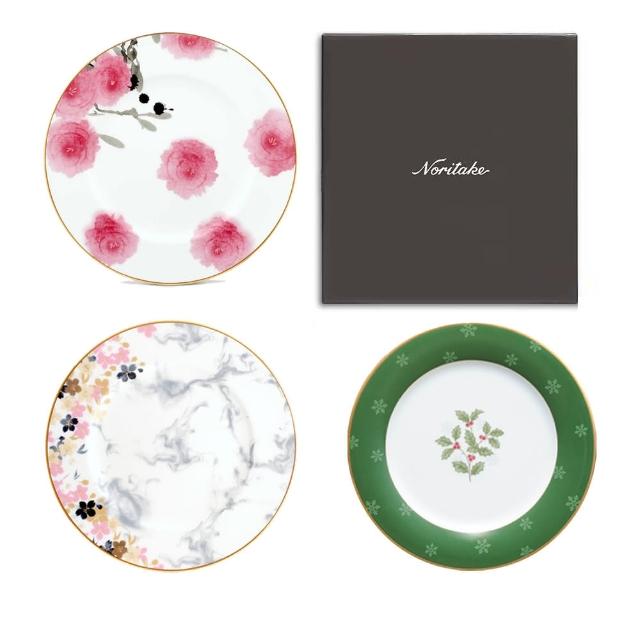 【NORITAKE】金邊聖誕系列-經典綠粉雙圓盤禮盒組(MOMO 獨家聖誕組合)