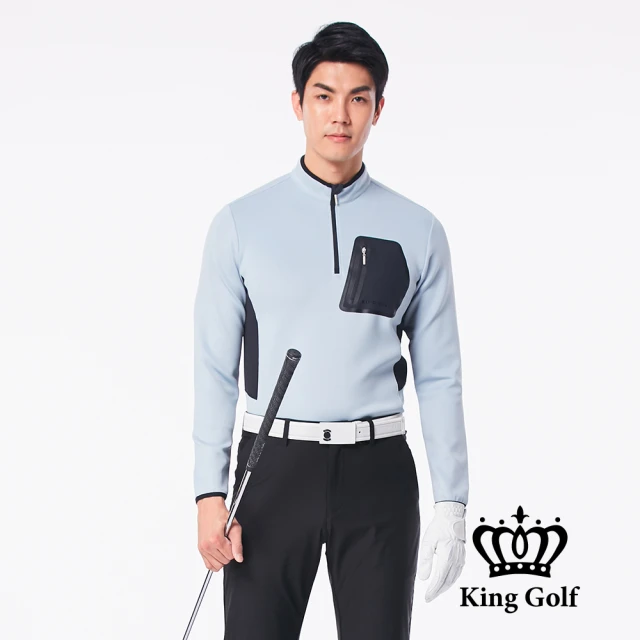 KING GOLF 網路限定款-男款包邊撞色口袋素面中厚立領拉鍊長袖POLO衫(灰色)