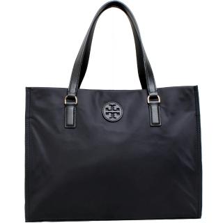 【TORY BURCH】ELLA縫線皮革LOGO尼龍釦飾手提包(黑)