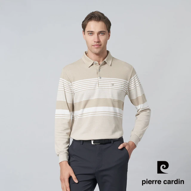 pierre cardin 皮爾卡登 商務休閒 男款 棉質混紡刷磨毛大定位條紋長袖POLO衫-卡其色(5245279-47)