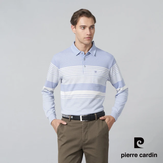 pierre cardin 皮爾卡登 商務休閒 男款 棉質混紡刷磨毛大定位條紋長袖POLO衫-水藍色(5245279-35)