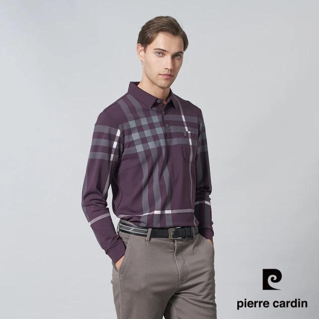 pierre cardin 皮爾卡登 商務休閒 男款 印格長袖POLO衫-灰紫色(5245213-28)