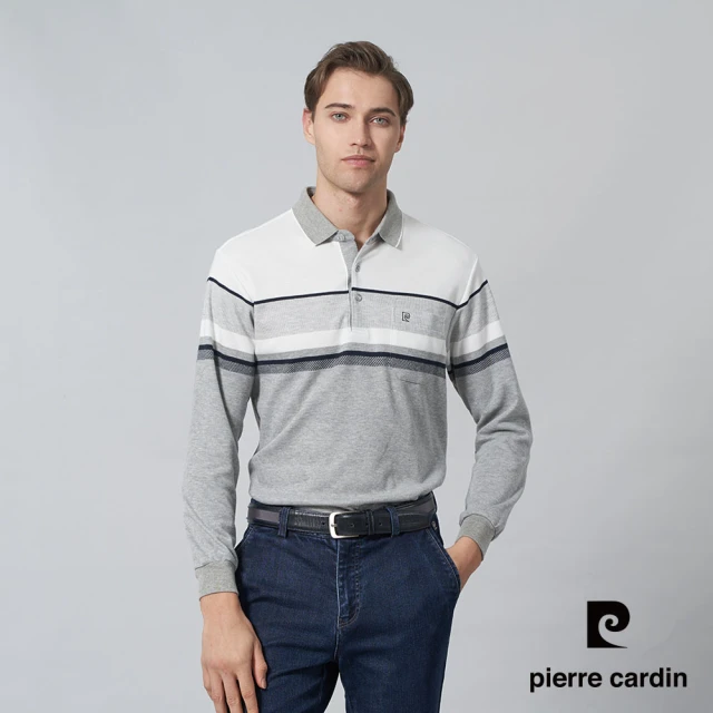 pierre cardin 皮爾卡登 商務休閒 男款 棉質混紡刷磨毛大定位條紋長袖POLO衫-灰色(5245277-95)