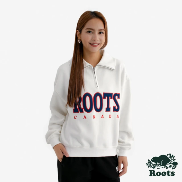 Roots Roots女裝- RETRO 1/4 ZIP立領上衣(白色)