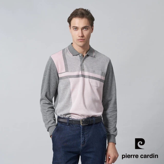 pierre cardin 皮爾卡登 商務休閒 男款 棉質混紡刷磨毛大定位長袖POLO衫-花灰色(5245274-96)