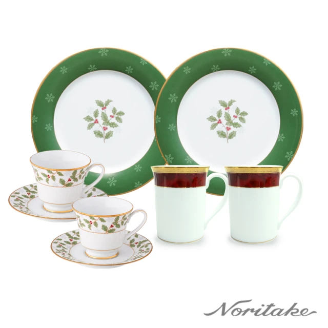 NORITAKE 金邊聖誕系列-下午茶組咖啡+馬克杯+圓盤禮盒組(MOMO 聖誕獨家組合)