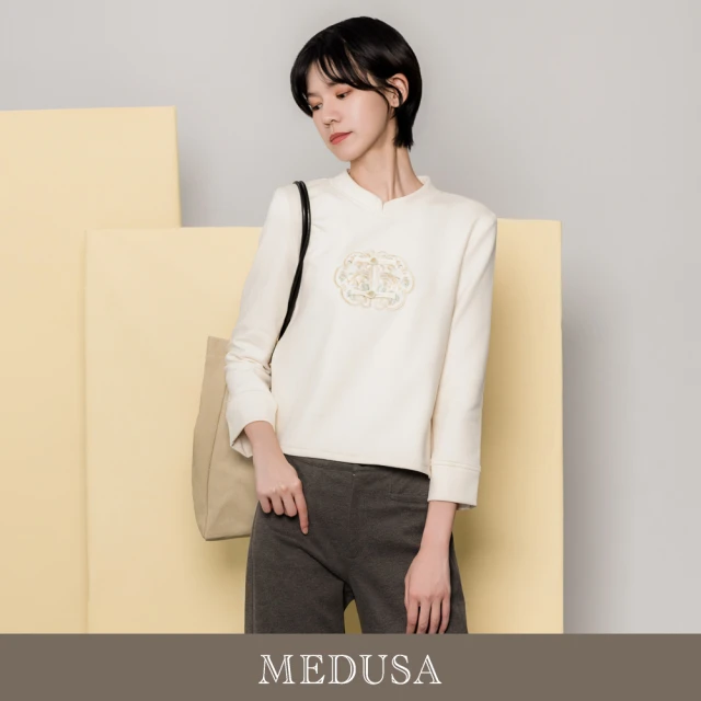 MEDUSA 曼度莎 現貨-素雅米白新中式刺繡上衣（M-XL）｜女長袖上衣 女上衣(501-11501)