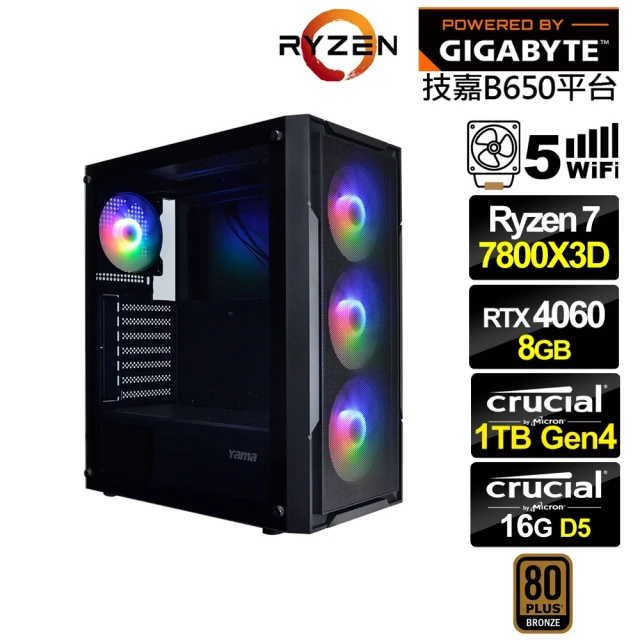 技嘉平台 R7八核GeForce RTX 4060{雷鳥K21C}電競電腦(R7-7800X3D/B650/16G D5/1TB/WIFI)