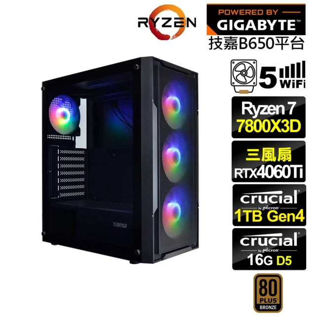 技嘉平台 R7八核GeForce RTX 4060TI{特里同K26C}電競電腦(R7-7800X3D/B650/16G D5/1TB/WIFI)