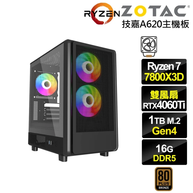 NVIDIA R7八核GeForce RTX 4060TI{雷鳥K0CC}電競電腦(R7-7800X3D/技嘉A620/16G D5/1TB)