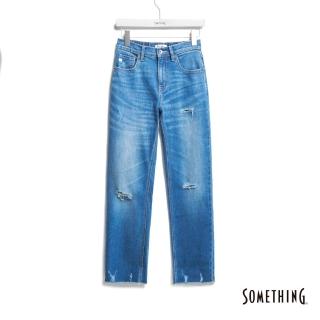 【SOMETHING】女裝 高腰彈力刷破丹寧中直筒褲(石洗藍)