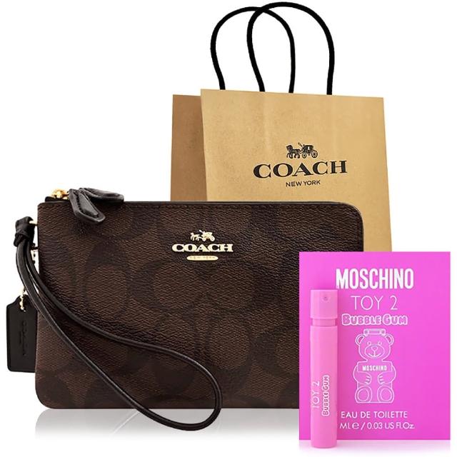 【COACH】馬車大C PVC雙層手拿包+MOSCHINO 品牌經典隨身小香水(巧克力色)
