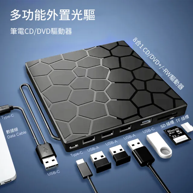 【YOLU】七合一 外接式CD/DVD讀取燒錄機 USB3.0/Type-C刻錄機/燒錄器/光碟機 SD/TF卡轉接外置光驅