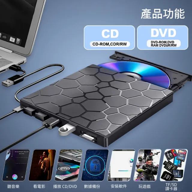 【YOLU】七合一 外接式CD/DVD讀取燒錄機 USB3.0/Type-C刻錄機/燒錄器/光碟機 SD/TF卡轉接外置光驅