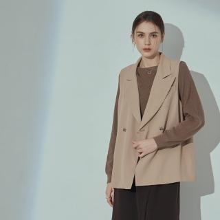 【MASTINA】排釦不對稱開衩西裝背心無袖外套(藍 卡)
