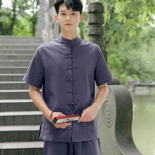 【米蘭精品】現貨+預購 唐裝中山裝套裝(中國風太極功夫氣功茶禪短袖棉麻男套裝9色74jf9)