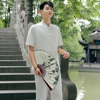 【米蘭精品】現貨+預購 唐裝中山裝套裝(中國風太極功夫氣功茶禪短袖棉麻男套裝11色74jf4)