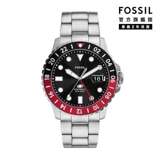 【FOSSIL 官方旗艦館】Fossil Blue 焰紅暗影GMT手錶 銀色不鏽鋼錶帶 46 MM FS6092
