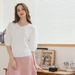 【CUMAR】甜美珍珠裝飾拼接雪紡袖短袖針織上衣(藍 白 黃/魅力商品)