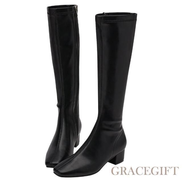 【Grace Gift】韓系方頭側拉鍊輕量瘦瘦長靴(黑)