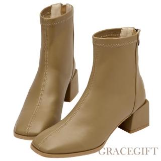 【Grace Gift】直腿濾鏡方頭車線中跟襪靴(灰褐)