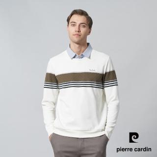 【pierre cardin 皮爾卡登】商務休閒 男款 棉質混紡印花假兩件襯衫領定位條長袖POLO衫-米白色(5245294-91)