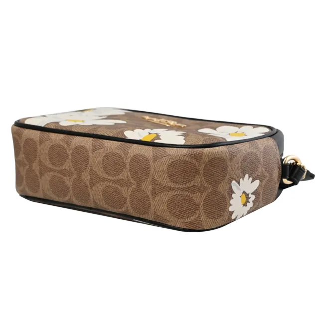 【COACH】限定經典C字花卉印花拼接方包相機包斜背包(駝/黑邊)