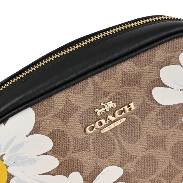 【COACH】限定經典C字花卉印花拼接方包相機包斜背包(駝/黑邊)